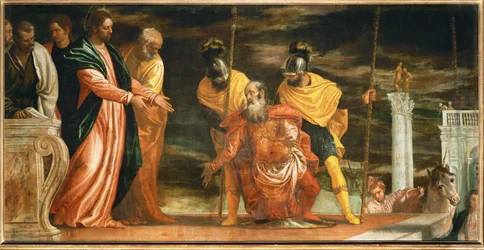 De centurio van Kapernaüm die Jezus smeekt zijn verlamde dienaar te genezen (schilderij op doek)