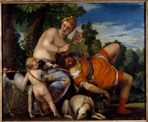 Aphrodite en Adonis. Adonis, een figuur uit de Griekse mythologie, houdt van Aphrodite. Schilderij van Paolo Veronese (1528-1588)
