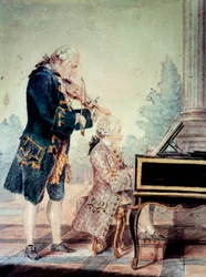 Wolfgang Amadeus Mozart (1756-1791) als kind piano spelend met zijn vader Leopold. Aquarel van Louis Carrogis Carmontelle (1717-1806), 1777, Parijs, Musée Carnavalet