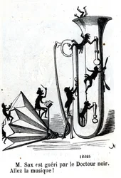 De heer Sax wordt verwond door de Zwarte dokter. Adolphe (Adolph) Sax, uitvinder van de saxofoon (1814-1894)