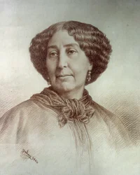 Portret van de schrijfster George Sand (1804-1876) Aurore Dupin, Barones Dudevant Tekening door Rene Jouhan (1835-?) naar een foto van Nadar