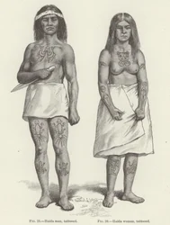 Getatoeëerde Haida vrouw en man (gravure)