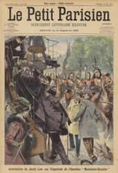 Arrestatie van een man in een Parijse bus nadat hij had geschoten op een passerende cavalerietroep (kleurenlitho)