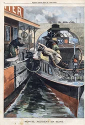 Dodelijk ongeval op de Seine: een werknemer van de Compagnie des Bateaux Parisiens sterft verpletterd tussen twee boten bij de Charenton-brug. Gravure in Le Petit Parisien op 17/02/1901.
