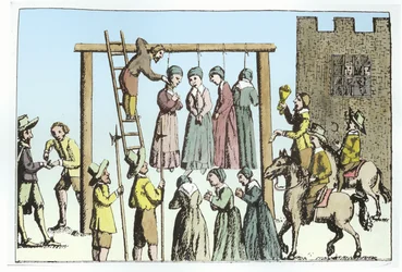 Een executie van heksen in Engeland (gravure)