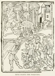 Bevis vecht tegen de boswachters (gravure)