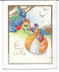 Origineel kunstwerk voor een wenskaart van een dame in een crinolinerok, een huisje en twee blauwe vogels, circa 1950