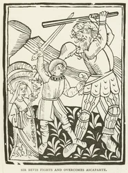 Sir Bevis vecht en overwint Ascaparte (gravure)