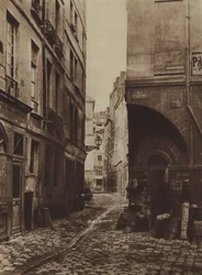 Rue des Marmousets in 1864, genomen vanaf de rue Saint-Landry, was op de locatie van het nieuwe Hotel-Dieu (zwart-wit foto)