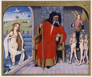 Aphrodite, Hephaistos, Eros (Cupido) en de Chariten - uit een 15e-eeuwse boekverluchting