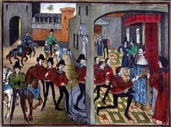 Karel de Grote ontvangt de 4 zonen van Aymon aan het hof en riddert hen - naar een 13e-eeuwse miniatuur van Huon de Villeneuve