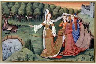 Diana (Artemis) - chromolithografie naar een 15e-eeuwse miniatuur