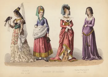 Mode in Frankrijk: Karel VI 1395 tot 1422; Karel VII en Lodewijk XI 1422 tot 1483 (gekleurde gravure)