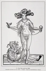 Vrouw en gek kietelen zijn penis met een bloem, "Der Rarr und das Weib ", "Geschichte des Erotischen Kunst"door Edouard Fuchs, Berlijn