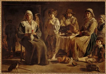 Famille de paysans dans un interieur Een boerengezin in hun boerderij ...