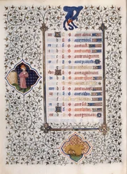Pagina uit het manuscript Les Tres Riches Hours du Duke Francois de Guise: voorstelling van sterrenbeelden en scènes uit het dagelijks leven: de leeuw
