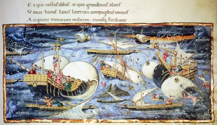 Zeilschepen, illustratie voor Aeneis, episch gedicht door Vergilius (70-19 v.Chr.), miniatuur toegeschreven aan Apollonio di Giovanni (1415-1465)