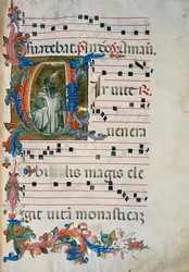 Verlichte initiaal met de figuur van San Romualdo (Corale 8, c. 76), voor koorboek 8 van Santa Maria degli Angeli