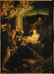 Heilige Nacht. Aanbidding van de herders (schilderij op populierenhout)