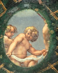 Ovaat met cherubijnen, fresco door Antonio Allegri Da Correggio (1489-1534) Abdis kamer, San Paolo Klooster, Parma, Italië