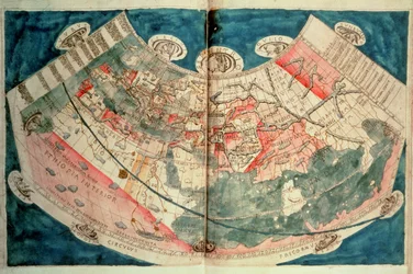 Wereldkaart gebaseerd op een beschrijving door Ptolemaeus (aquarel)