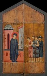 Diptiek van de Zalige Andrea Gallerani: De zalige gastheer Gallerani ontvangt pelgrims en bedelaars, buitenpanelen, c.1270