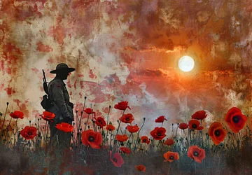 Silhouet van een soldaat in een veld van klaprozen