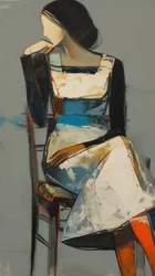 Abstract schilderij: een vrouw in een jurk zittend voor canvas en posterdrukken