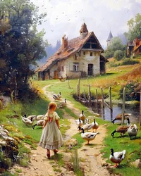 Meisje en pluimvee in oud Europees landschap