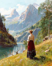 De dame van de 19e eeuw staat in een groene vallei tussen de bergen