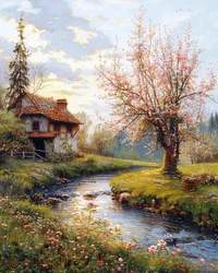 Oud huis  Landschap met stromende rivier, Ingelijst wanddecoratie