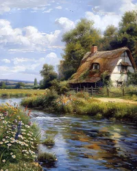 Huis op het platteland aan een rivier, landschap online Muurdecor te koop