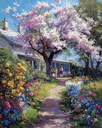 Een tuin van een huis op het platteland, Kersenbloesem wanddecoratie