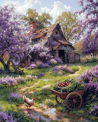 Traditionele boerderij omringd door roze bloemen, muurdecoratie-ideeën