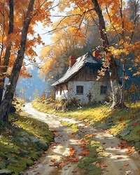 Traditioneel houten huis in een bos, afdrukken op canvas online