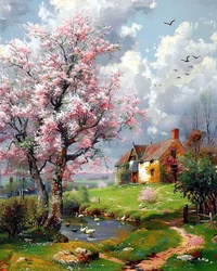 Oud huis  landschap met bloeiende bomen, wanddecoratie voor elke kamer