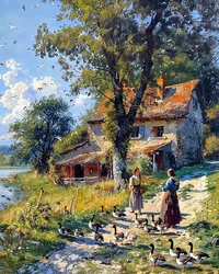 plattelandsmeisje verzorgt een kudde eenden, Muurdecoratie te koop