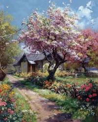 een landhuistuin in de lente, rozen en bloemen, Muurdecoratie te koop