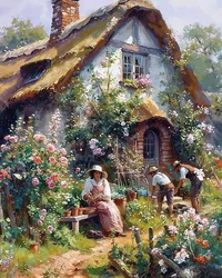 Boeren voor hun traditionele huizen op het platteland