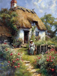 Een vrouw zit in een tuin voor een hut op het platteland