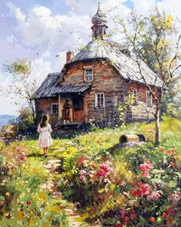 Een meisje en haar moeder voor een houten huis, muur Decor