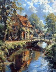 Een oude brug over een beek naast een hut in een Europees landschap