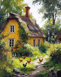 Houten huis op het platteland met bloeiende boomgaarden, online kunstdrukken