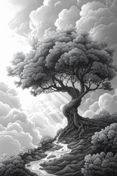 Majestueuze rotsformatie, natuurlijk portaal, dramatische storm en boom, ingelijst wanddecor,