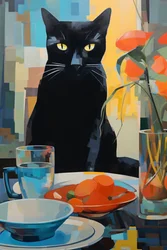 Schilderij van een zwarte kat etend op een bord bloemen, wall art prints on demand