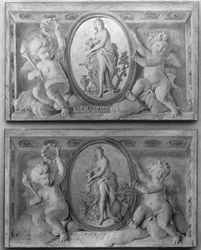 Paar bovendeuren met Diana of een nimf in een ovaal medaillon ondersteund door amorini, 1770-90