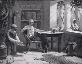 Xenophon dicteert zijn geschiedenis, illustratie uit 