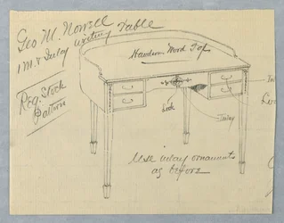 Ontwerp voor mahoniehouten inleg schrijftafel voor George M. Nowell