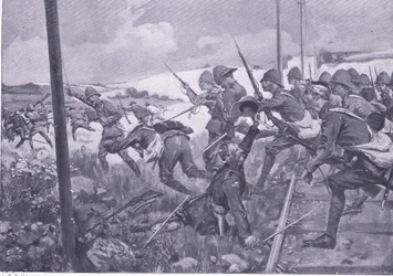 Aanval van de Schotse fuseliers bij Frederikstad, illustratie uit Na Pretoria: De Guerrillaoorlog, 1902