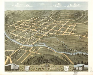 Vogelvluchtperspectief van de stad Titusville, Crawford County, Pennsylvania 1871. LOC 73694524